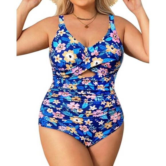 Daci Plus Size 18W One Piece Swimsuit Floral Twist Front Blue Ruched Swimwear - Picture 1 of 9